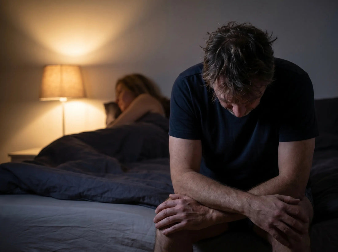 Homme assis au bord du lit, préoccupé